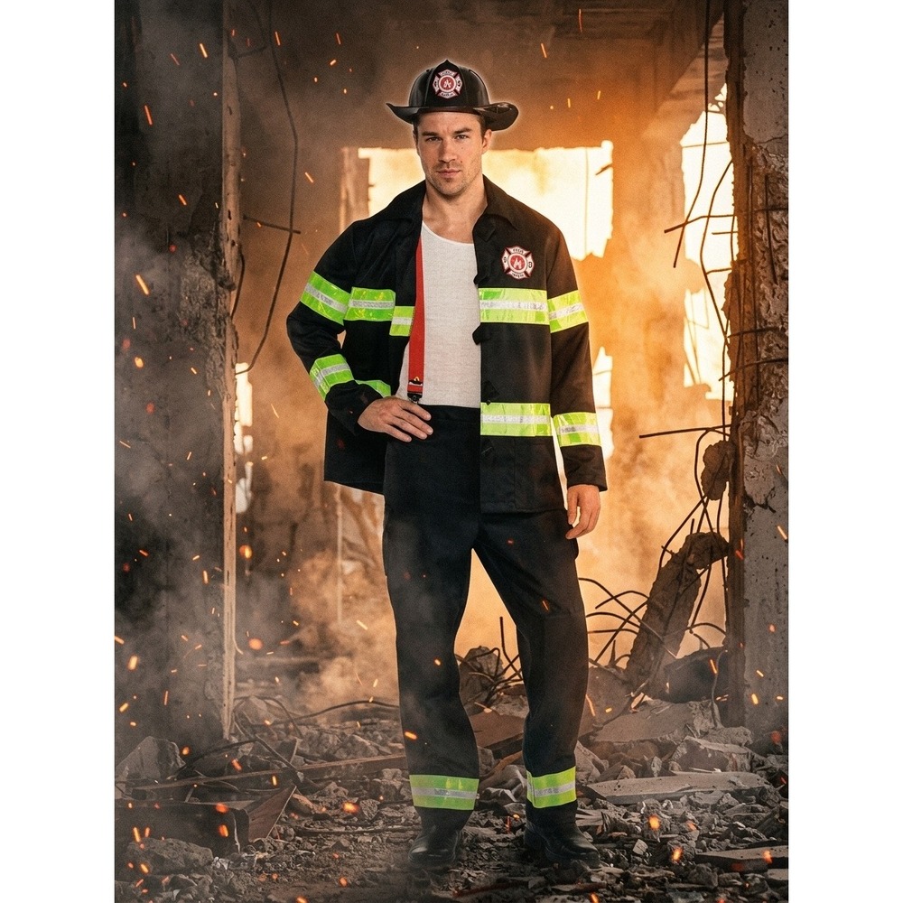 Rescue Me Firefighter Costume Mens XL Black Jacket Pants Suspenders 829
